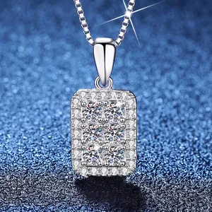 Luxurious 925 Sterling Silver Moissanite Pendant Necklace Geometric Square Encrusted Jewelry With Box Chain For Women
