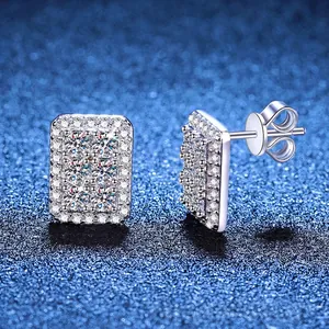 S925 sterling silver rectangular halo moissanite stud earrings for women with CZ stones