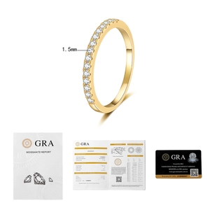 Macro view of 1.5mm Moissanite eternity ring with official GRA certificate report