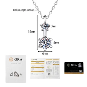 Detail of S925 sterling silver moissanite necklace with dimensions and GRA certification