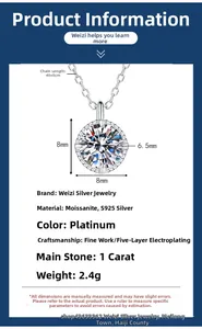 Tableau détaillé des tailles du collier moissanite en argent S925 avec mesures 1ct