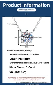 Detail view of 1 carat moissanite necklace with dimensions and s925 silver specs