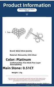 Detailed specs of heart Moissanite studs in S925 silver with 0.51CT stone parameters
