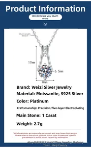 Moissanite S925 silver pendant necklace with dimensions 17x8mm and 1 carat main stone