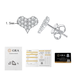 Detail view of heart moissanite studs with GRA certificate and 1.5mm stone specs
