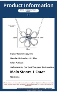 Detailed S925 silver necklace specifications showing 1ct moissanite flower pendant dimensions