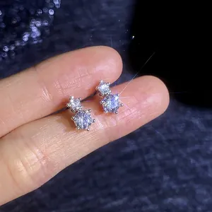 Sparkling 925 sterling silver stud earrings with double round cut moissanite stones