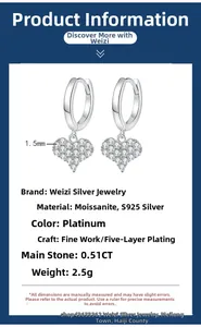 Detail view of heart-shaped moissanite earrings with dimension markers on S925 silver