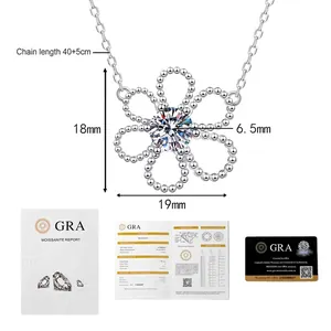 Detail of 1ct D-color moissanite camellia necklace with GRA certificate and size specs