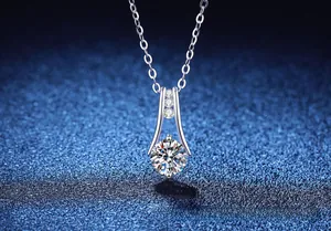 Detailed view of S925 sterling silver necklace with a round-cut moissanite pendant