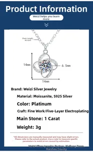 S925 silver clover necklace detail showing 1 carat moissanite and 40+5cm chain dimensions