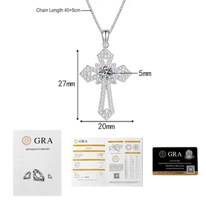 Detailed view of S925 sterling silver moissanite cross necklace with GRA certificate
