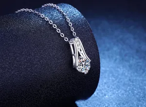 Macro view of S925 sterling silver moissanite pendant with brilliant round-cut center stone