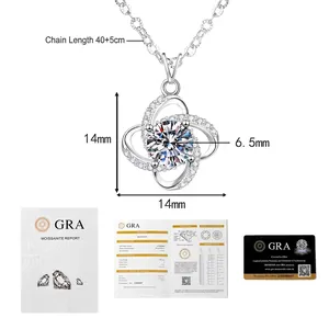 Macro detail of clover moissanite pendant with dimensions 14x14mm and GRA certificate