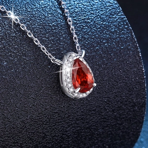 S925 silver necklace with pear-cut red ruby pendant and sparkling crystal halo