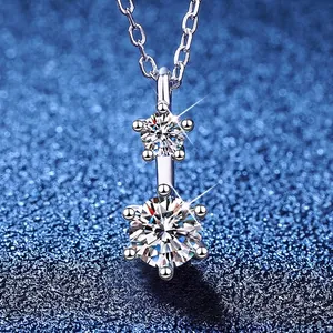 925 Sterling Silver Moissanite Pendant Necklace Minimalist Double Round Stone Six-Prong Setting Luxury Jewelry For Women