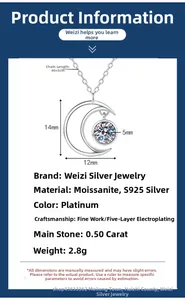 Detail of S925 sterling silver moon necklace with 0.5ct moissanite and dimensions