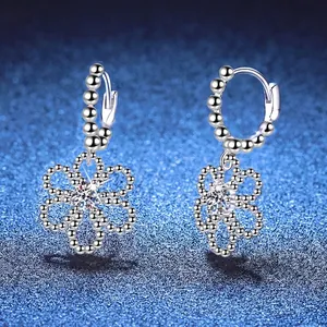S925 sterling silver D color moissanite earrings with camellia flower drop design