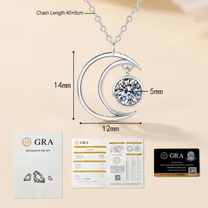 Detail of moon-shaped S925 sterling silver necklace with a 1.0ct moissanite and GRA certificate