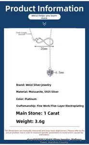 Detailed specs of S925 silver infinity necklace with 1ct moissanite pendant