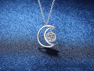 Detailed view of S925 silver moon pendant featuring a brilliant moissanite stone