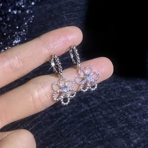 S925 Sterling Silver Five-Petal Flower Moissanite Drop Earrings with Vintage Design
