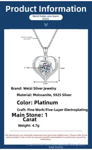 Spécifications de taille pour collier coeur en argent S925 avec moissanite 1ct