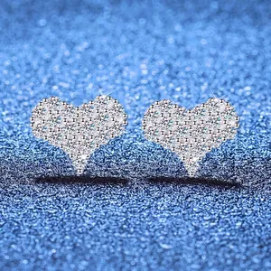 Sparkling S925 sterling silver heart stud earrings with pavé set moissanite stones