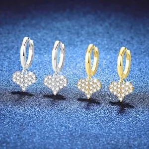S925 Sterling Silver Moissanite Heart Hoop Earrings For Women Luxury Full Pavé Heart Drop Earrings Sweet Elegant Jewelry