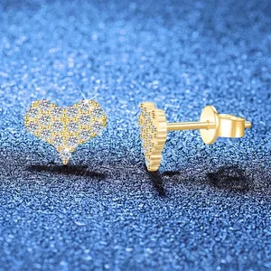 Sparkling S925 sterling silver gold plated heart stud earrings with moissanite accents
