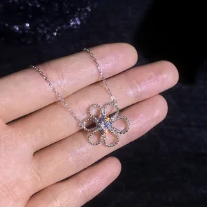 S925 sterling silver necklace with a six-petal flower pendant and sparkling moissanite