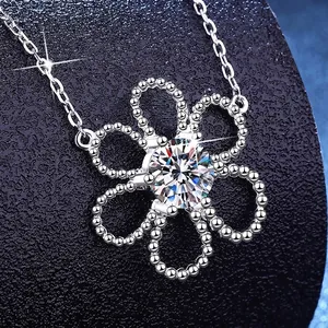 Elegant S925 sterling silver camellia flower pendant necklace with D color moissanite