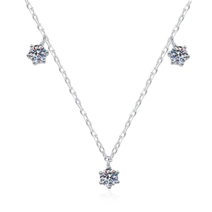 Elegant S925 silver necklace featuring three six-prong set moissanite pendants with fire