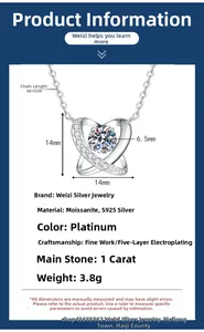 Detailed size specifications for S925 silver heart necklace with 1 carat moissanite