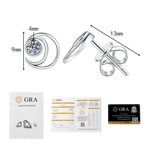 Detailed view of moon-shaped moissanite earrings with 4mm stone and GRA certificate
