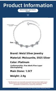 Detailed specs of S925 silver heart moissanite bracelet with 1.5CT stones and 16+3cm chain