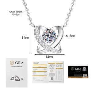 Macro shot of 6.5mm Moissanite heart necklace with GRA certification and dimension details