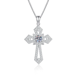 Exquisite S925 sterling silver cross pendant necklace with sparkling moissanite stones