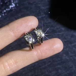 Elegant geometric square S925 sterling silver stud earrings with D color moissanite stones