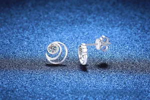 Macro shot of S925 sterling silver star nebula earrings with brilliant moissanite stone