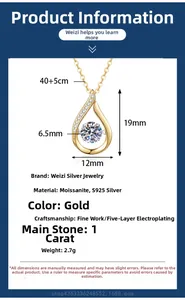 Detailed view of S925 silver waterdrop pendant with 1ct moissanite and 40+5cm chain
