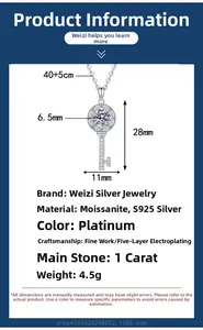 Detailed specs of S925 silver key necklace with 1ct moissanite pendant and measurements