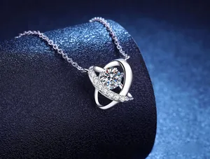 Macro shot of S925 sterling silver heart necklace with sparkling moissanite gemstone