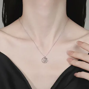 Elegant S925 sterling silver crescent moon necklace with moissanite on female model