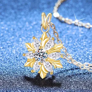 Moissanite S925 silver snowflake necklace with a gold-plated flower pendant for women