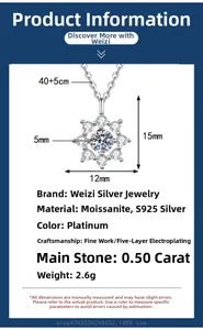 Detailed specs for 0.5ct moissanite sunflower pendant with 40+5cm S925 silver chain