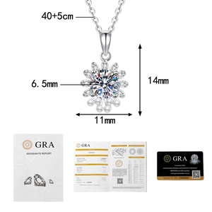 Detail of moissanite sunflower pendant with pearl accents and its GRA certification card