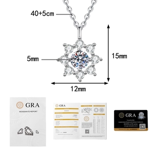 Moissanite snowflake pendant necklace detail with GRA certificate and exact dimensions