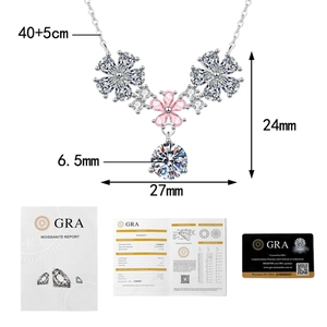 Detailed 925 silver flower necklace with pink moissanite, GRA certificate and dimensions