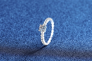 Detail of S925 silver ring with 0.5ct moissanite and twisted rope band texture